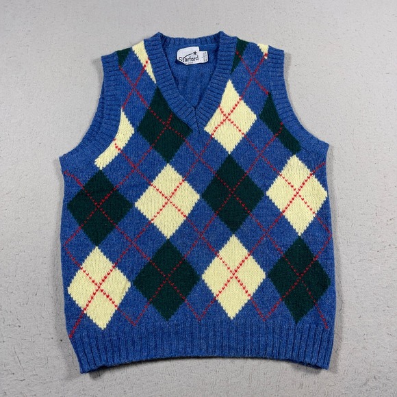 Vintage Starford Sweater Vest Men Large Blue Argyle Diamond Knit Preppy England - Picture 1 of 7